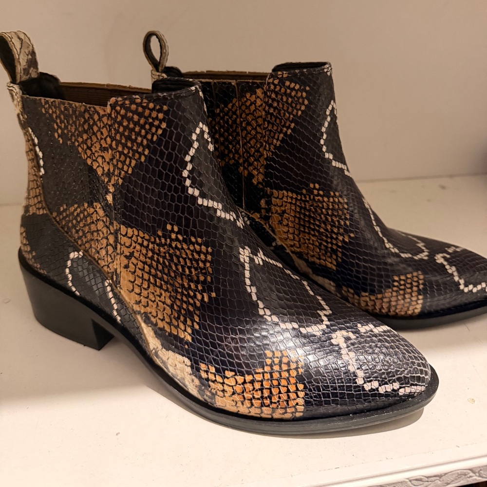 Black and Tan Snake-Print Leather Ankle Boots - Women's